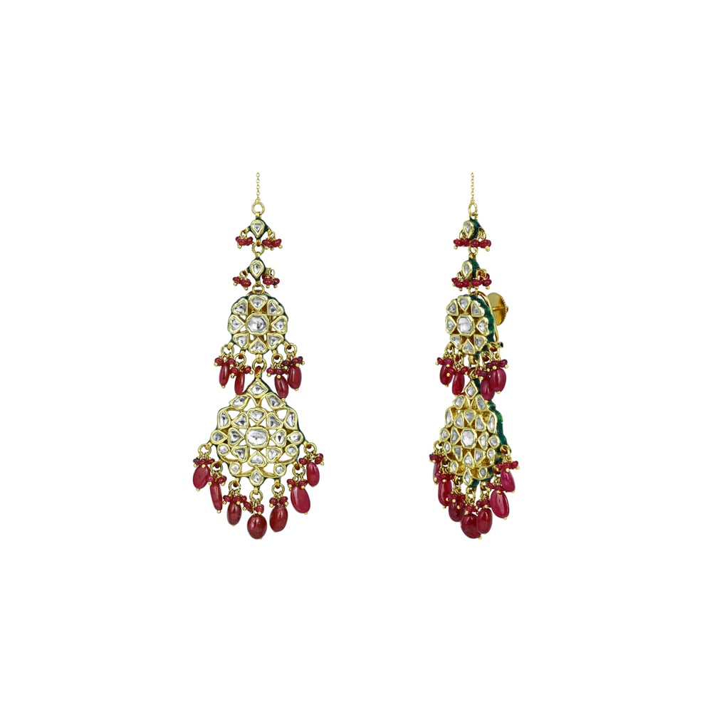 Cascading Polki Diamond Earrings with Ruby Maniya